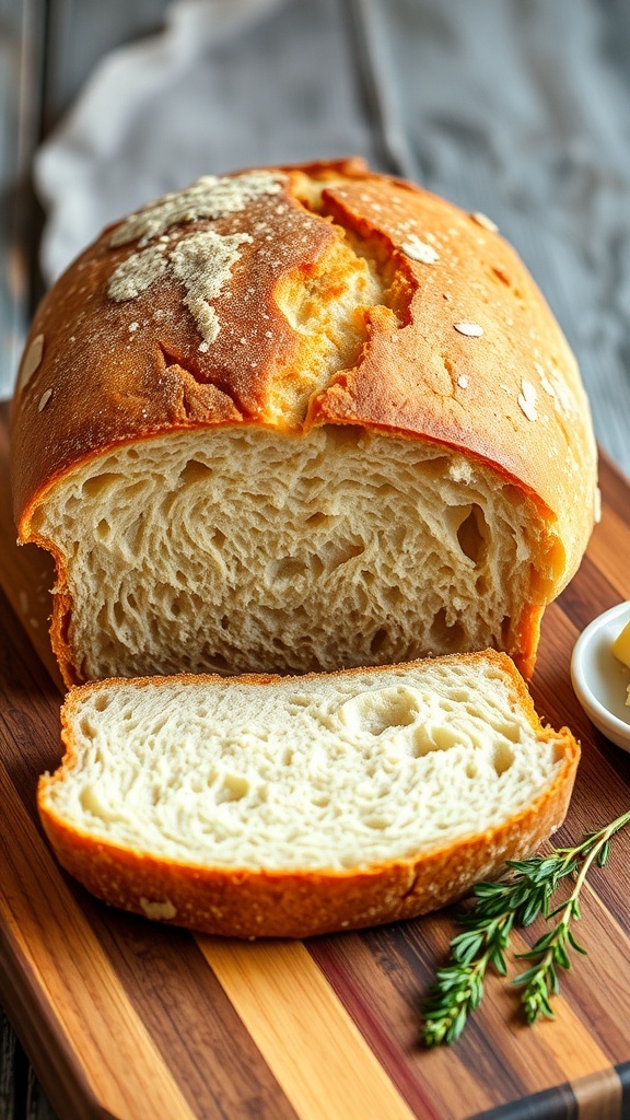 Classic Sourdough Bread Recipe with 2 Cups Starter A golden-brown crusted sourdough bread loaf on a wooden board, sliced to show its airy interior.